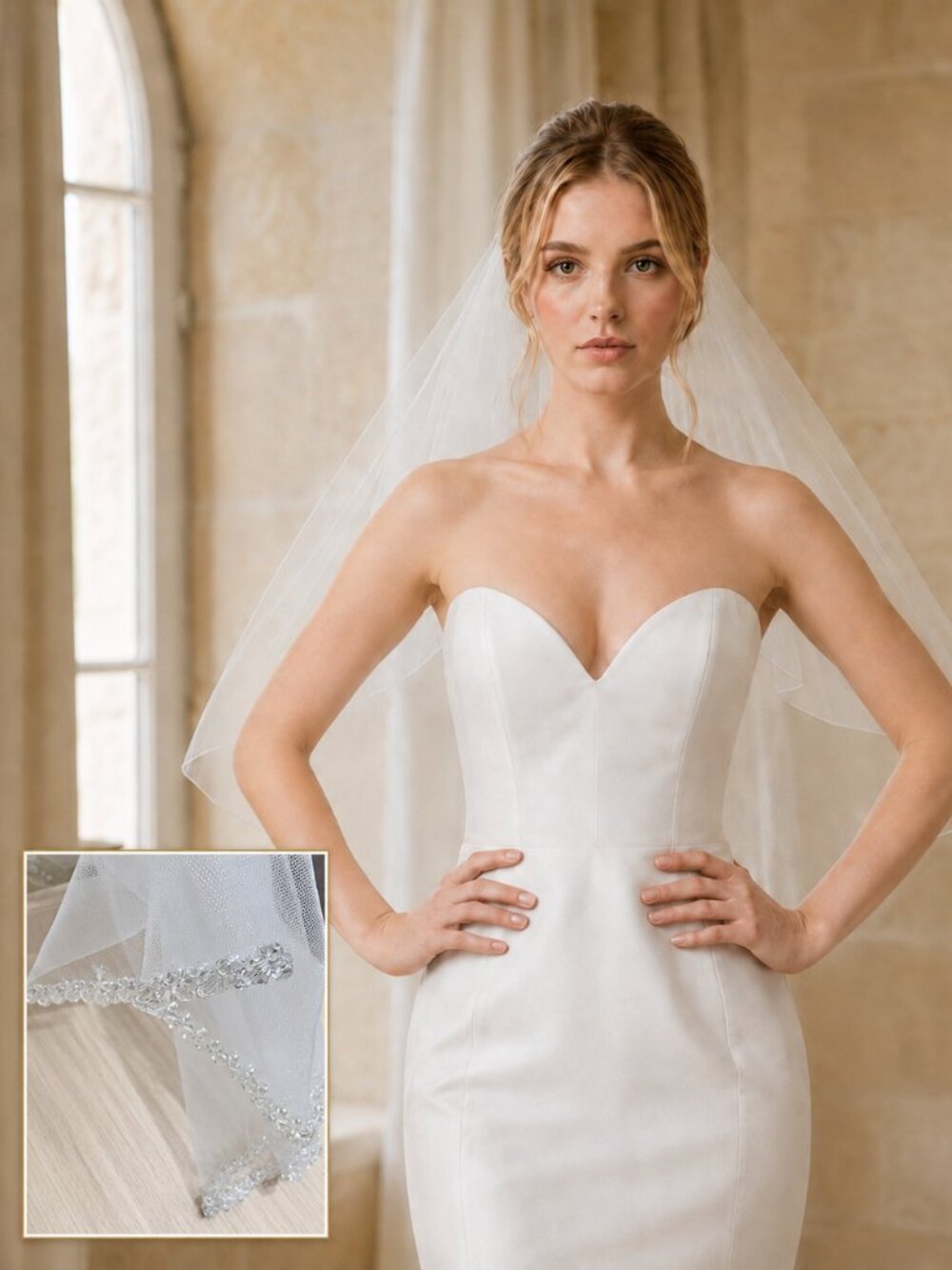✨Couture One-Tier Bridal Veil with Crystal-Embellished Trim - Bride Accessories